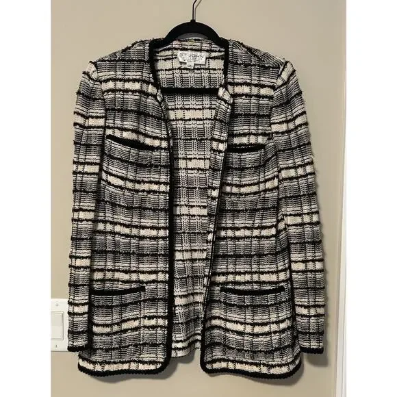 BEAUTIFUL St John collection knit jacket black white gold suit blazer size 14 - Picture 2 of 10